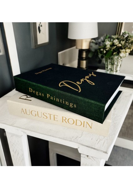 2'li Kumaş Kaplı Dekoratif Kitap Kutusu Seti Yeşil ve Krem Gold