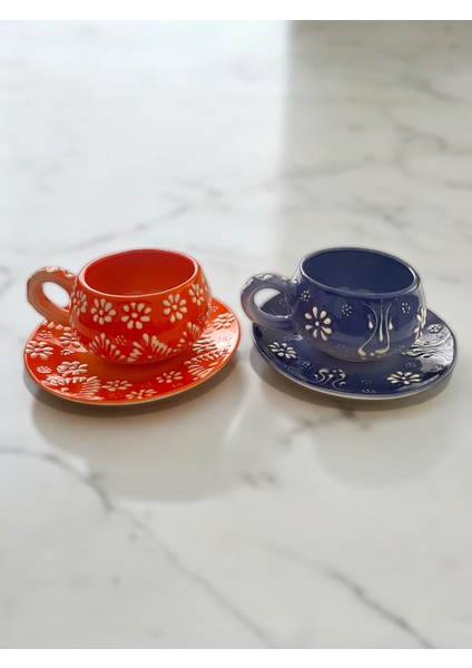Dekoratif Şık Tasarım El Yapımı 2 Kişilik Turuncu ve Lacivert Renklerinde Kahve Fincan Seti fiyatları