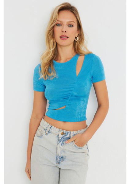 Kadın Pencereli Crop Bluz Mavi AYD278
