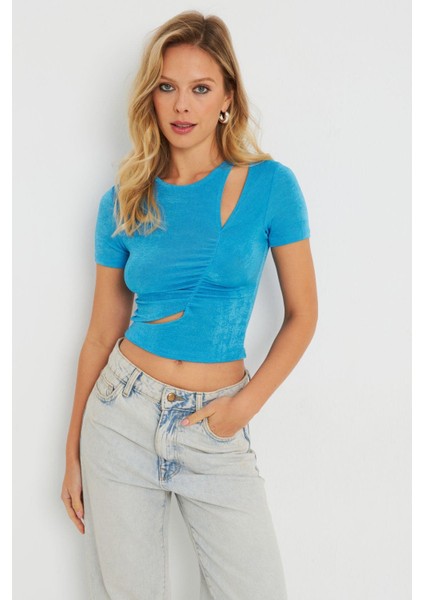 Kadın Pencereli Crop Bluz Mavi AYD278 fiyatları