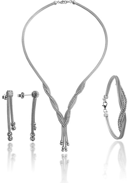 Dorika Model El Işi Gerdanlıklı Gümüş Takı Seti (Rodyum Kaplama) 201024249
