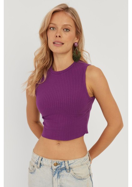 Kadın Mor Fitilli Crop Bluz LPP1262