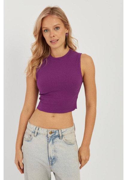 Kadın Mor Fitilli Crop Bluz LPP1262 fırsatları