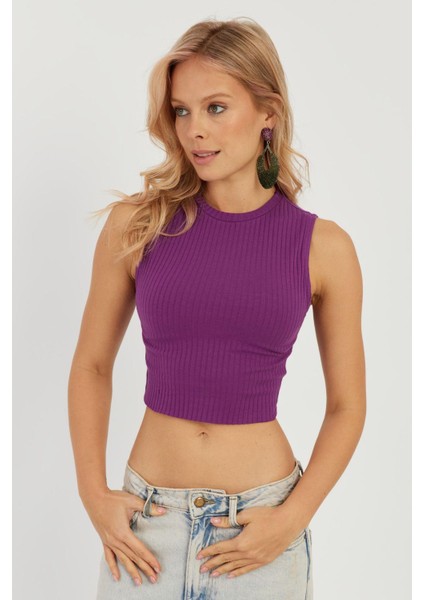 Kadın Mor Fitilli Crop Bluz LPP1262 indirimleri