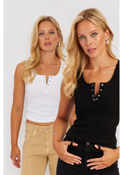 Kadın Beyaz-Siyah Patlı Kaşkorse Bluz MK06