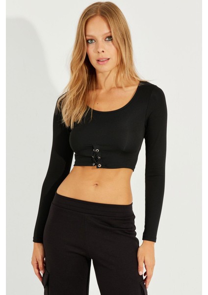Kadın Siyah Kuşgözlü Crop Bluz CG299 fiyatları