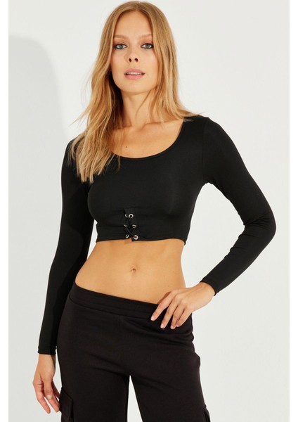 Kadın Siyah Kuşgözlü Crop Bluz CG299 fırsatları