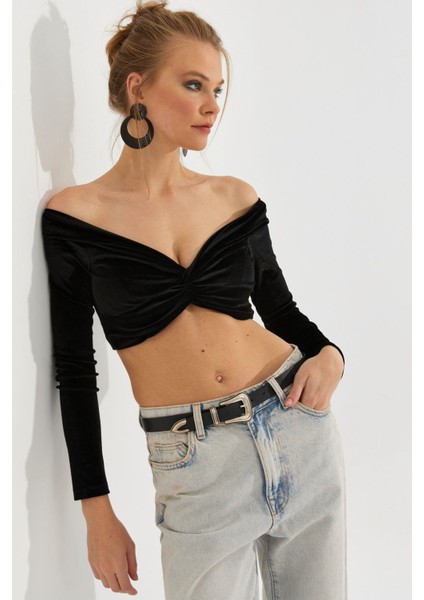 Kadın Siyah Önü Düğümlü Kadife Crop Bluz B2853 fiyatları