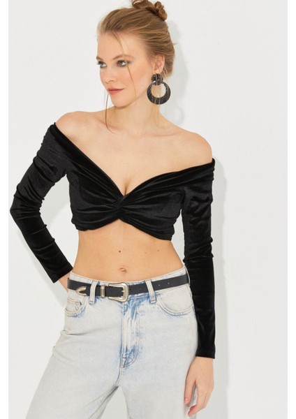 Kadın Siyah Önü Düğümlü Kadife Crop Bluz B2853 modelleri