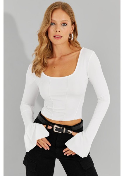 Kadın Beyaz Ön Arka U Crop Bluz CG302