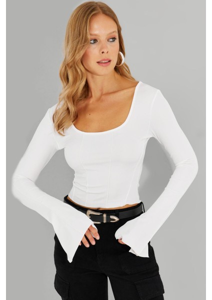 Kadın Beyaz Ön Arka U Crop Bluz CG302 fiyatları