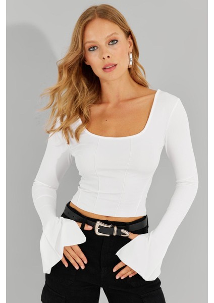 Kadın Beyaz Ön Arka U Crop Bluz CG302 modelleri