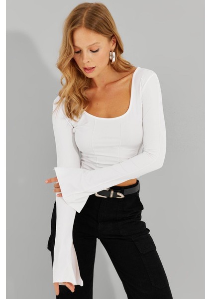 Kadın Beyaz Ön Arka U Crop Bluz CG302 fırsatları