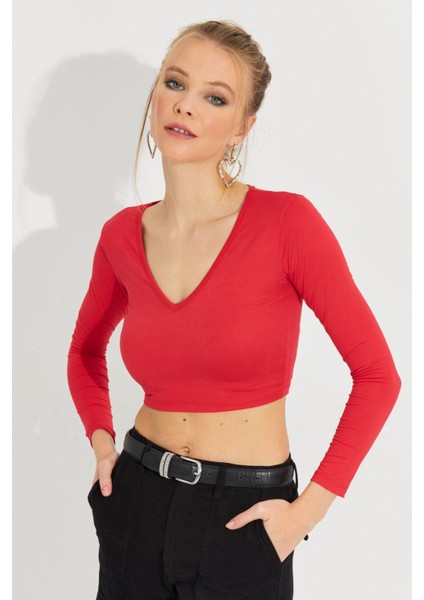 Kadın Kırmızı V Yaka Crop Bluz LPP1241