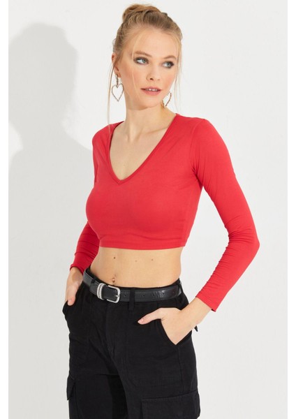 Kadın Kırmızı V Yaka Crop Bluz LPP1241 modelleri