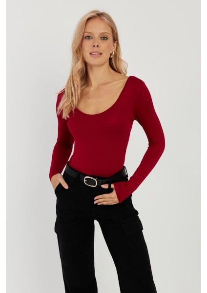 Kadın Bordo Ön Arka U Yaka Bluz LPP1265 fırsatları