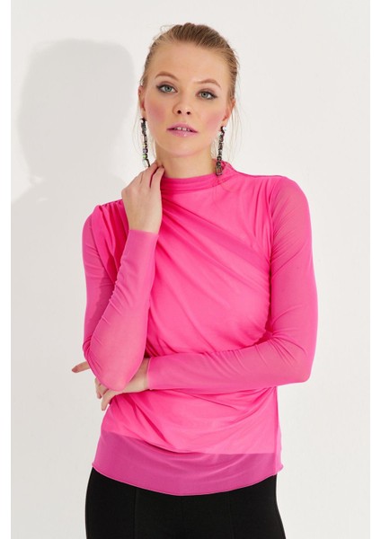 Kadın Fuşya Büzgülü Drapeli Tül Bluz LPP1244 modelleri