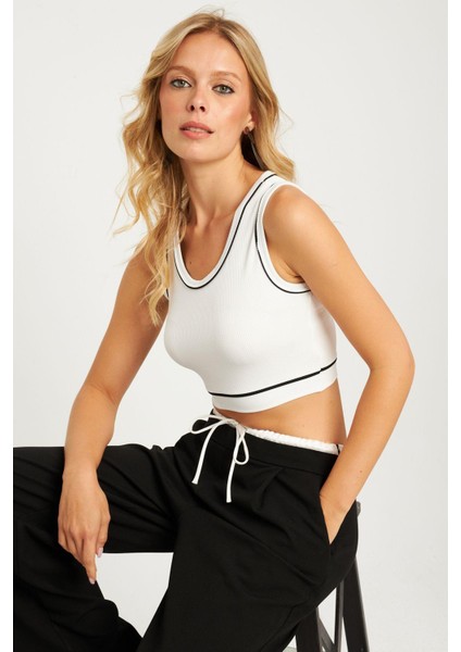 Kadın Beyaz Fitilli Crop Bluz CG359 modelleri