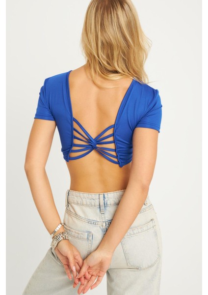 Kadın Saks Sırtı Açık Crop Bluz CG358