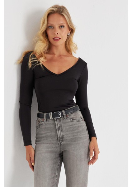 Kadın Siyah Dantel Detaylı V Yaka Bluz EY2672 indirimleri