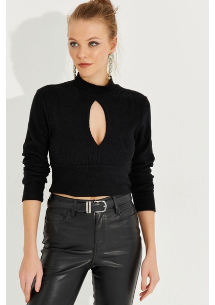 Kadın Siyah Önü Damla Crop Bluz LPP1243