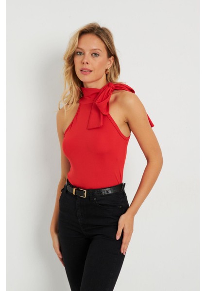Kadın Fiyonklu Crop Bluz Kırmızı EY2726
