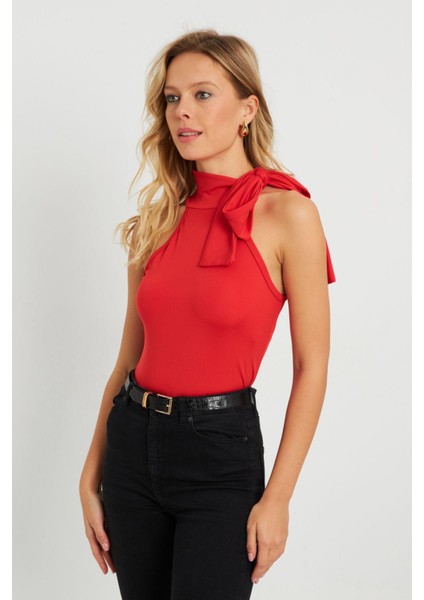Kadın Fiyonklu Crop Bluz Kırmızı EY2726 fiyatları