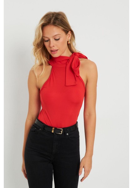 Kadın Fiyonklu Crop Bluz Kırmızı EY2726 indirimleri