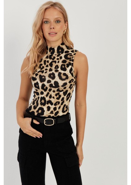 Kadın Camel-Siyah Leopar Desenli Kolsuz Bluz LPP1259 indirimleri
