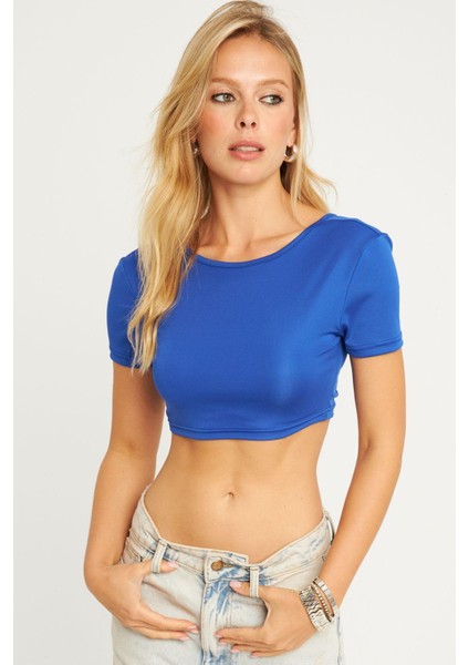 Kadın Saks Sırtı Açık Crop Bluz CG358 modelleri