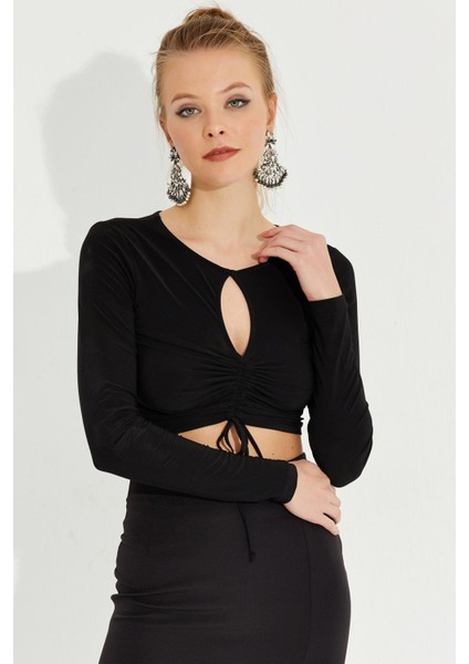 Kadın Siyah Önü Damla Büzgülü Crop Bluz AYD246 fiyatları