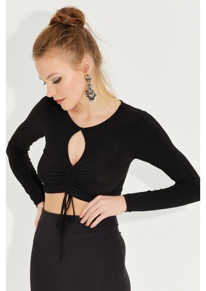 Kadın Siyah Önü Damla Büzgülü Crop Bluz AYD246 modelleri