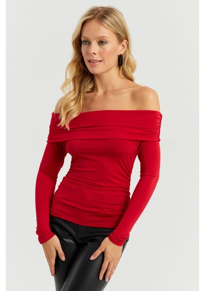 Kadın Kırmızı Büzgülü Madonna Bluz MON1119 modelleri