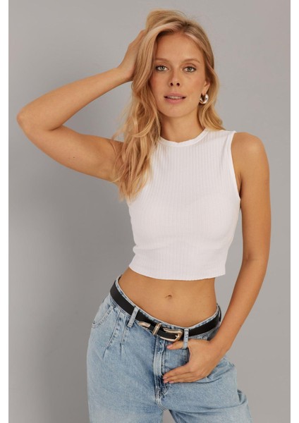 Kadın Beyaz Fitilli Crop Bluz LPP1262