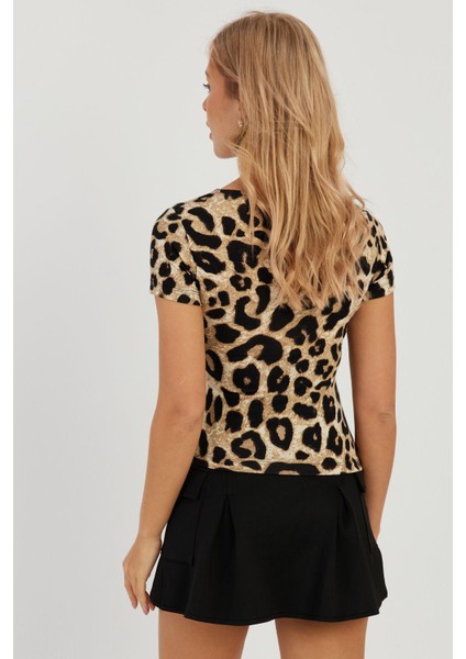 Kadın Camel-Siyah Kare Yaka Leopar Desenli Bluz LPP1258 fiyatları