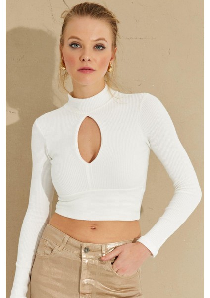 Kadın Beyaz Önü Damla Crop Bluz LPP1243