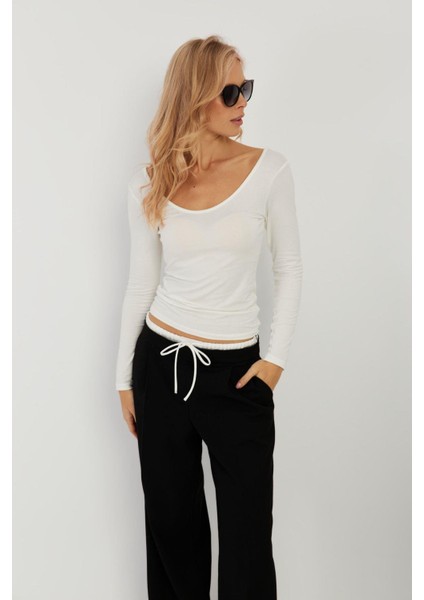 Kadın Beyaz Ön Arka U Yaka Bluz LPP1265
