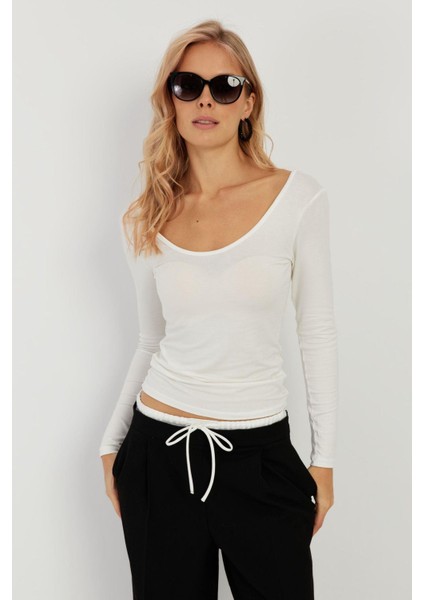 Kadın Beyaz Ön Arka U Yaka Bluz LPP1265 modelleri