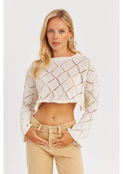 Kadın Ekru Ajurlu Kısa Triko Bluz YZ628 fiyatları