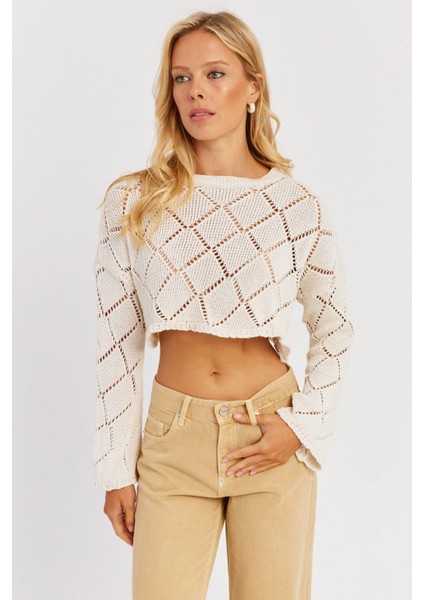 Kadın Ekru Ajurlu Kısa Triko Bluz YZ628 modelleri