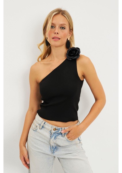 Kadın Siyah Gül Aksesuarlı Triko Bluz ET02 modelleri