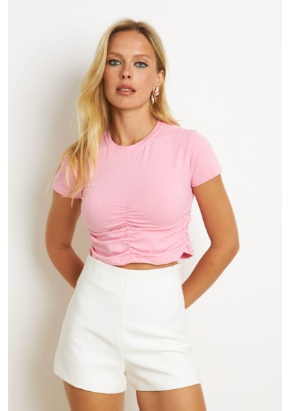 Kadın Pembe Büzgülü Kısa Bluz YZ1079