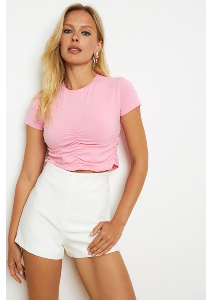 Kadın Pembe Büzgülü Kısa Bluz YZ1079 fiyatları