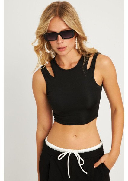 Kadın Siyah Pencereli Crop Bluz CG356 modelleri