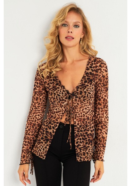 Kadın Camel-Siyah Leopar Desenli Tül Bluz GÇ175