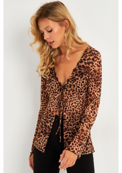 Kadın Camel-Siyah Leopar Desenli Tül Bluz GÇ175 fiyatları