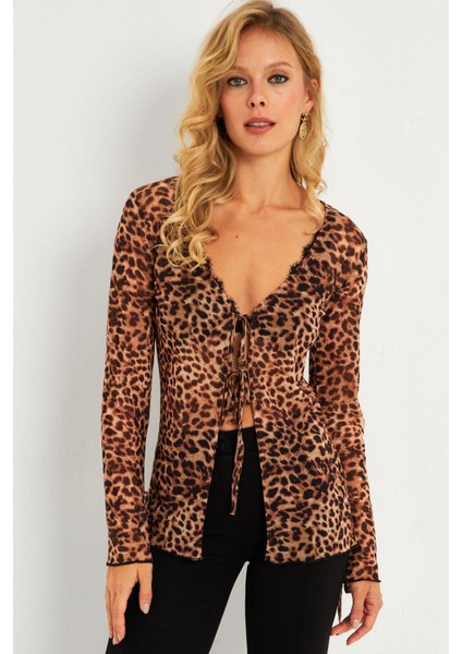 Kadın Camel-Siyah Leopar Desenli Tül Bluz GÇ175 modelleri