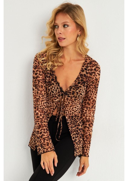 Kadın Camel-Siyah Leopar Desenli Tül Bluz GÇ175 indirimleri