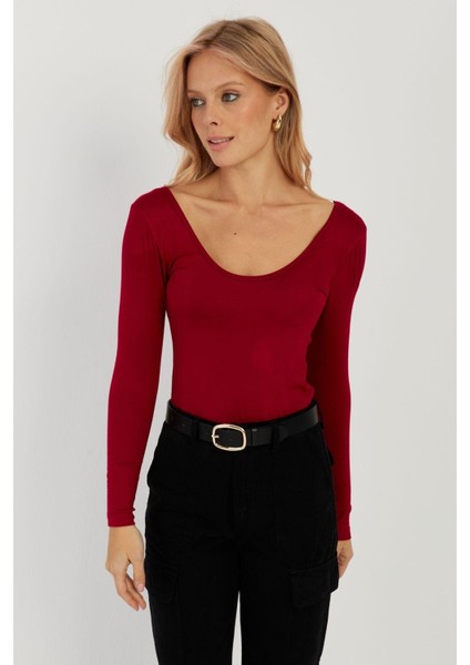 Kadın Bordo Ön Arka U Yaka Bluz LPP1265