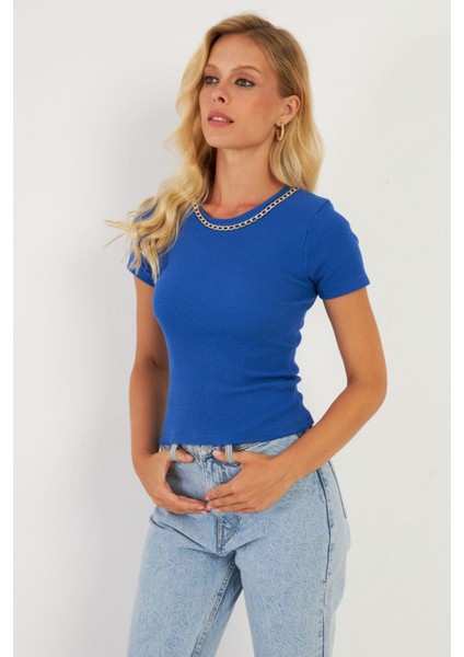Kadın Saks Zincir Aksesuarlı Bluz XL2020 fırsatları